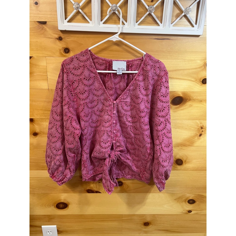 Chloe Oliver Pink Eyelet Cotton Tie Front Blouse Magenta V-Neck Long Sleeve XS